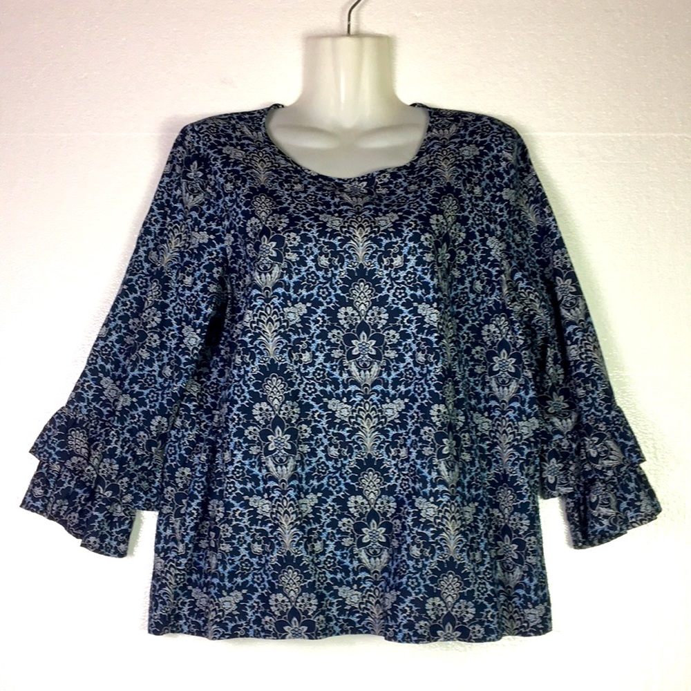J Crew Blouse Pull Over Size 8‎ Blue White Floral 3/4 Sleeves Key hole closer